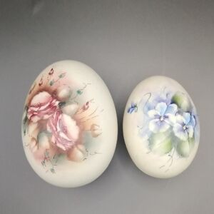 Set Of 2 Brylian Bisque Porcelain Hand Painted Eggs With Pastel Flowers 2" & 3"H